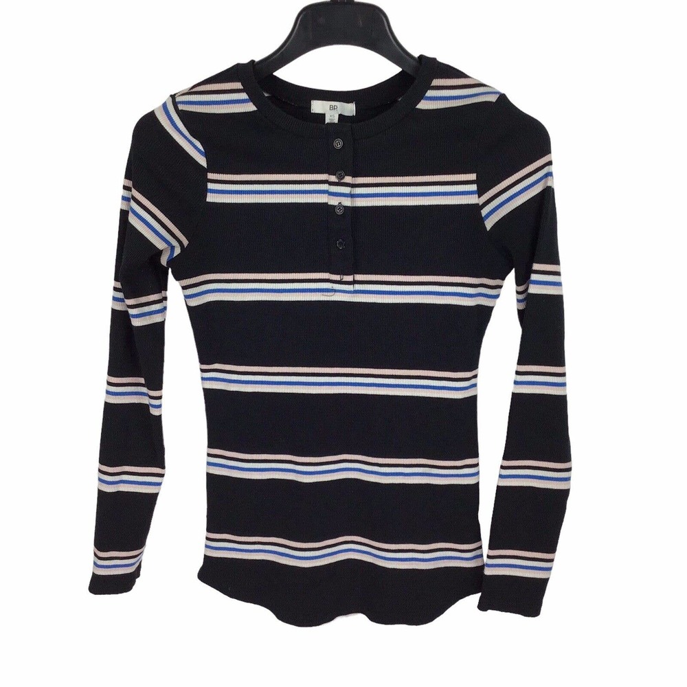 BP Nordstrom Black Long Sleeve Ribbed Button Down Henley T-Shirt Top Size XS